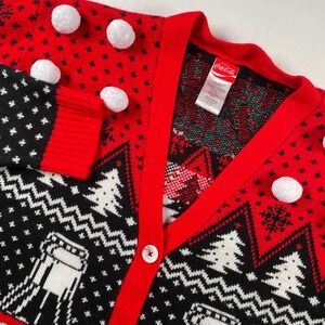 Coca-Cola Polar Bear Ugly Christmas Sweater Cardigan Red Black‎ Pom Poms Small